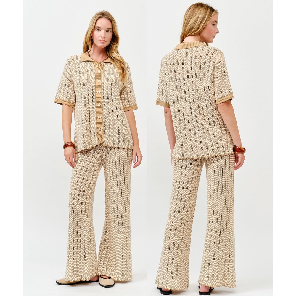 ST257. Chevron Pointelle Knit Shirt & Pants Matching Set